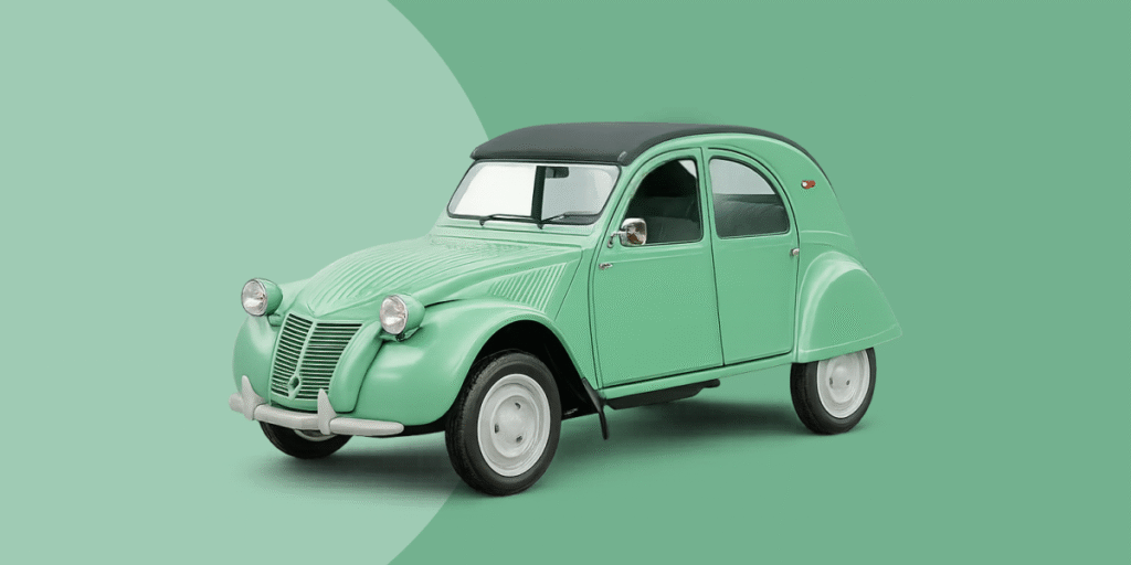 Citroën 2CV car in mint green with black roof, minimalist background, symbolizing Bauhaus-inspired design focused on simplicity and accessibility.