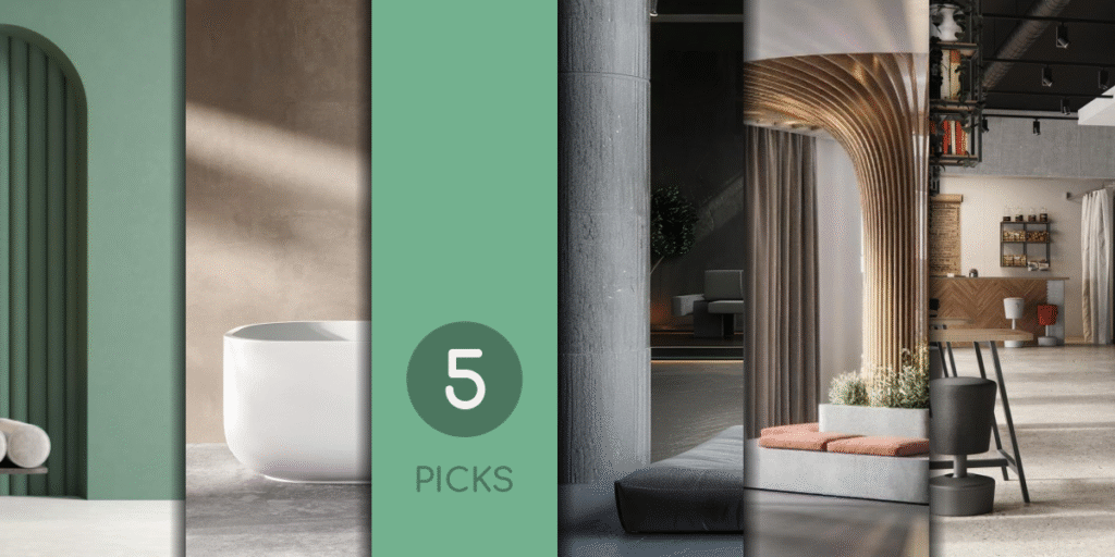 A composite image showing five different interior design styles side by side, representing Bauhaus, Minimalism, Socialist Brutalism, Biophilic Design, and Participatory Design, illustrating the 5 Philosophies for Domovago.