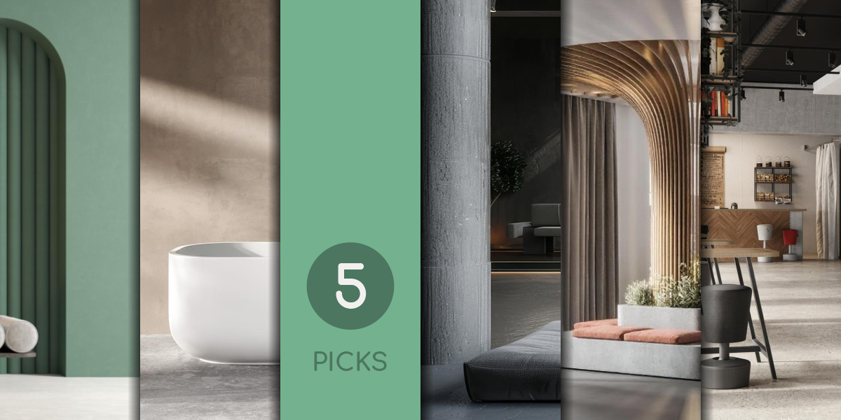 A composite image showing five different interior design styles side by side, representing Bauhaus, Minimalism, Socialist Brutalism, Biophilic Design, and Participatory Design, illustrating the 5 Philosophies for Domovago.