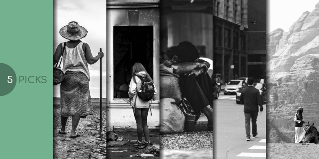 A collage of five black-and-white images, each depicting a different theme: drought, conflict, homelessness, urban life, and nomadic culture. The text "5 PICKS" is on a green sidebar to the left.