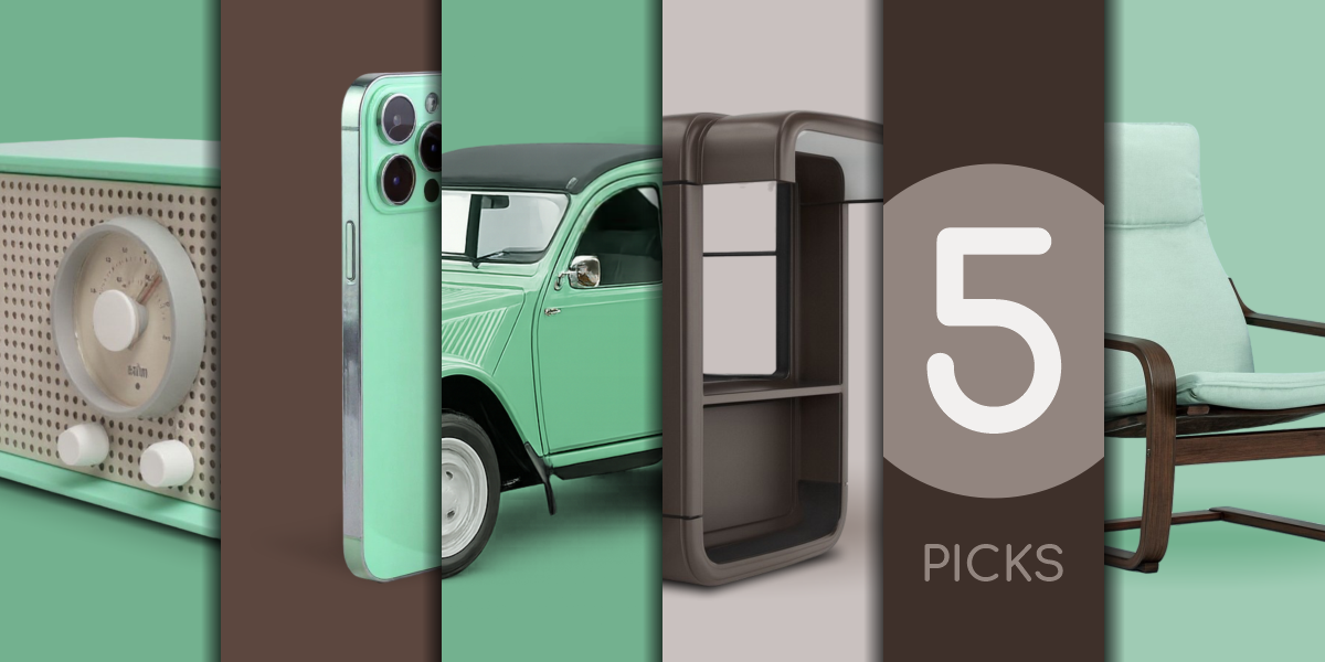 Collage of five Bauhaus-inspired products: Braun radio, Apple iPhone, Citroën 2CV, Kiosk K67, and IKEA Poäng armchair, in minimalist pastel style.