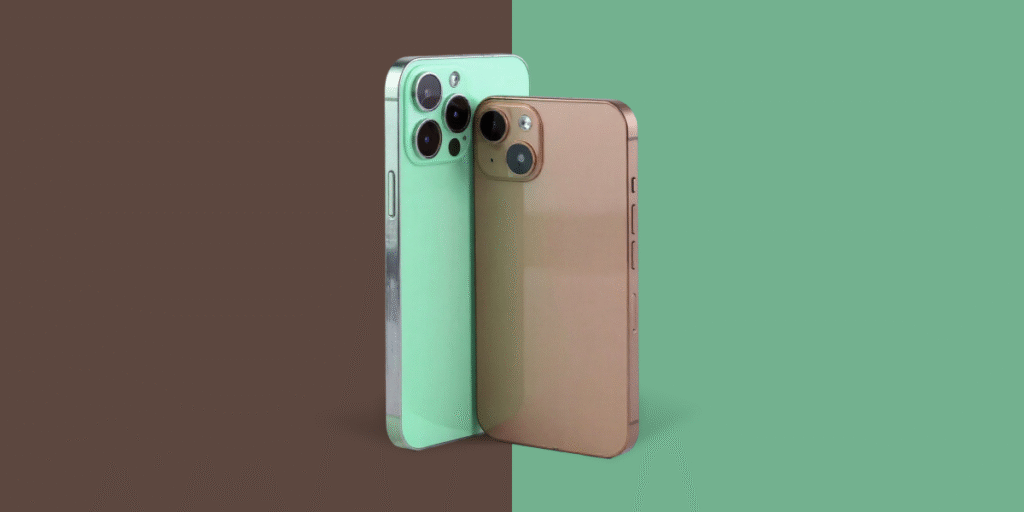 Apple iPhone in mint green and brown, minimalist composition on split green and brown background, highlighting Bauhaus-inspired design principles.