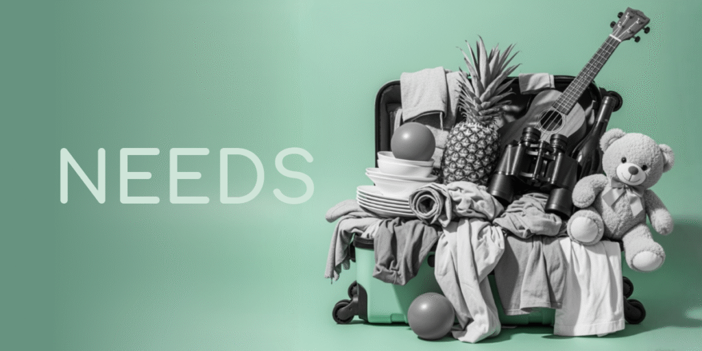 Overpacked suitcase with clothes, dishes, food, a guitar and a teddy bear against a mint background, symbolizing how basic human needs vary from person to person.