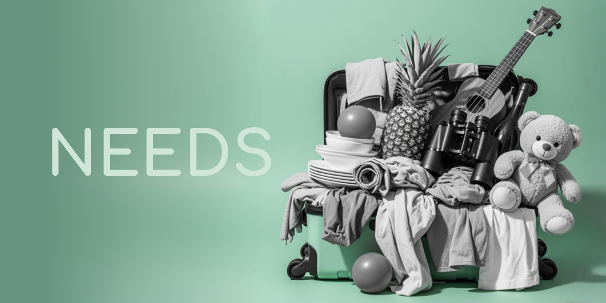 Overpacked suitcase with clothes, dishes, food, a guitar and a teddy bear against a mint background, symbolizing how basic human needs vary from person to person.