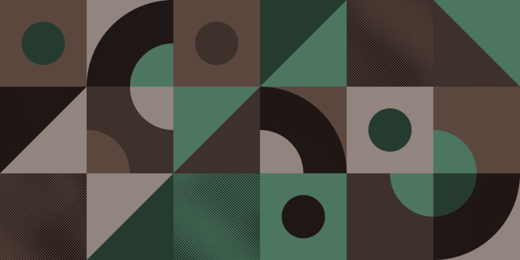 Bauhaus-style abstract pattern with circles, triangles, and rectangles in green, brown, and black earthy shades