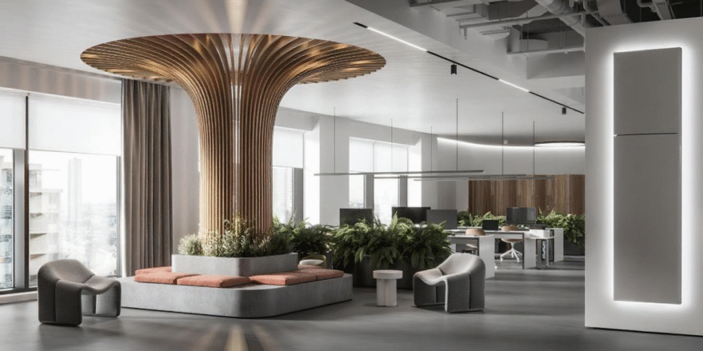 An open-plan office with a large, slatted wooden column structure acting as a central plant bed. Green plants and ferns grow from the base, and natural light fills the space.