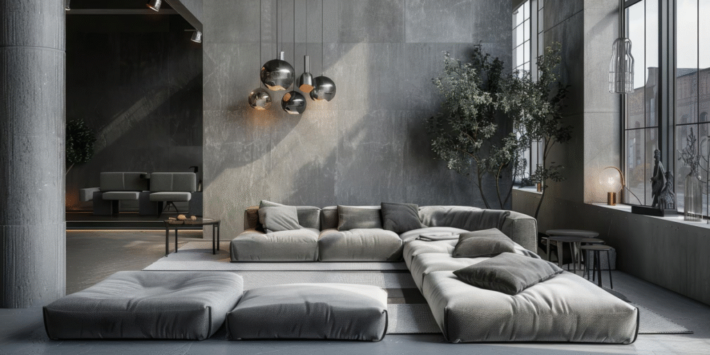 A living room with a large gray sectional sofa, exposed concrete walls and columns, and a large window overlooking a city. A tree-like plant stands in the corner.