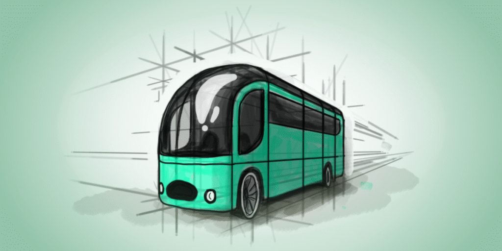 Freehand sketch of the Domovago vehicle, rounded and open design suggesting the first concept of a home on wheels.