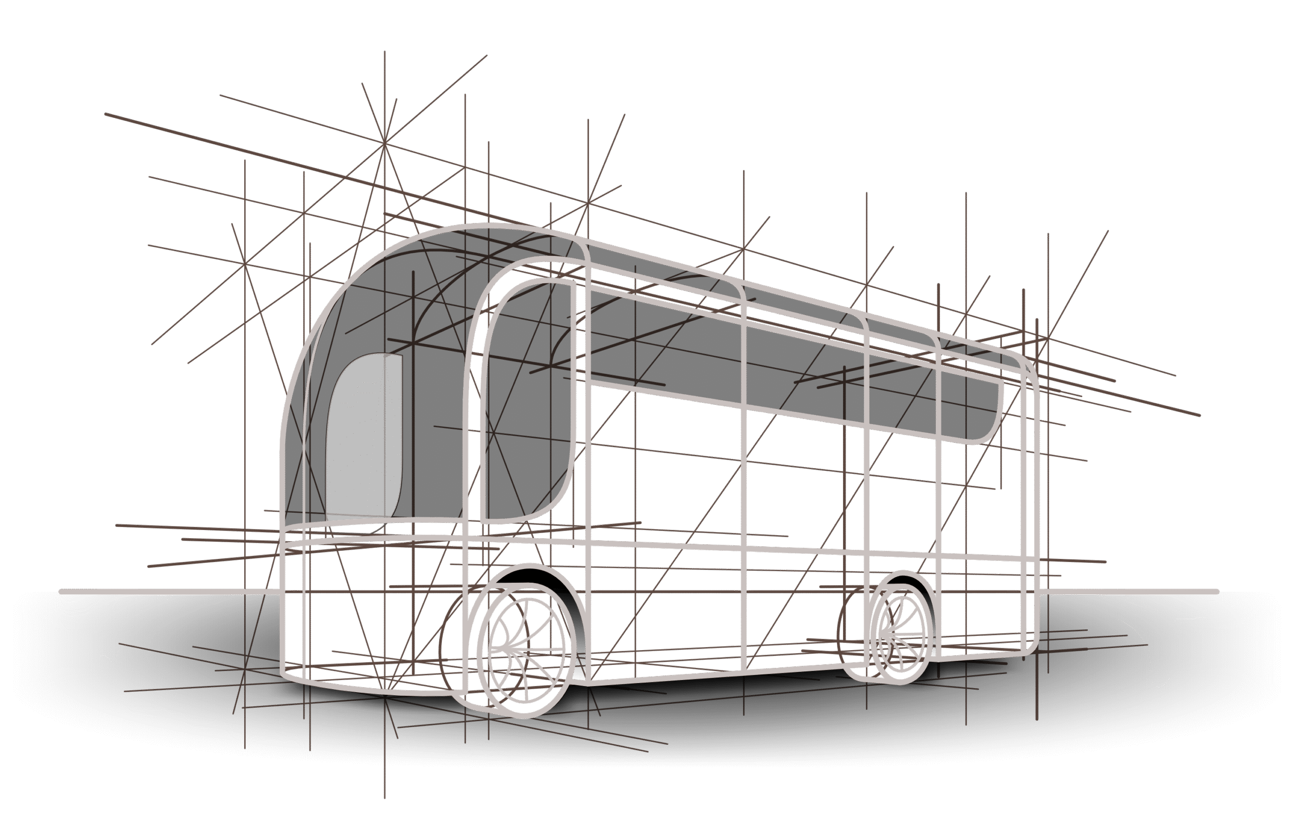 Technical outline drawing of the Domovago vehicle showing its design structure and proportions.