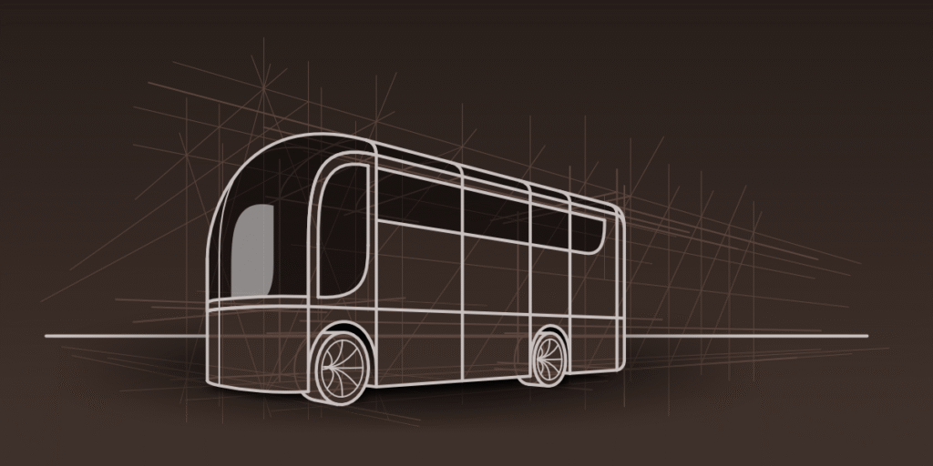Computer-rendered sketch of the Domovago vehicle, showing refined proportions and early structural outlines.
