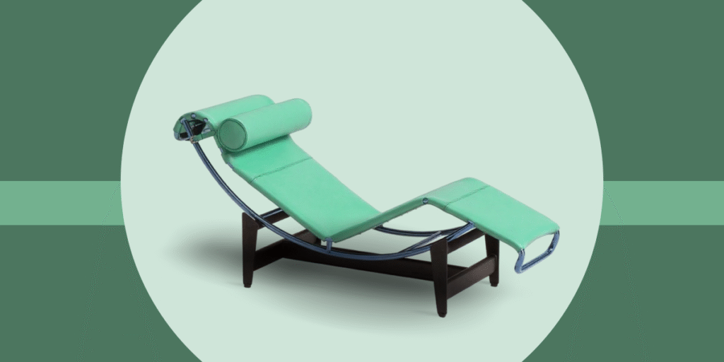 LC4 Chaise Longue furniture piece by Le Corbusier, tubular steel frame with reclining seat.