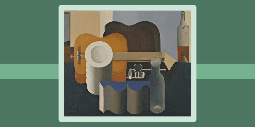 Painting by Le Corbusier, Still Life (1920), showing geometric bottles and shapes in Purist style.