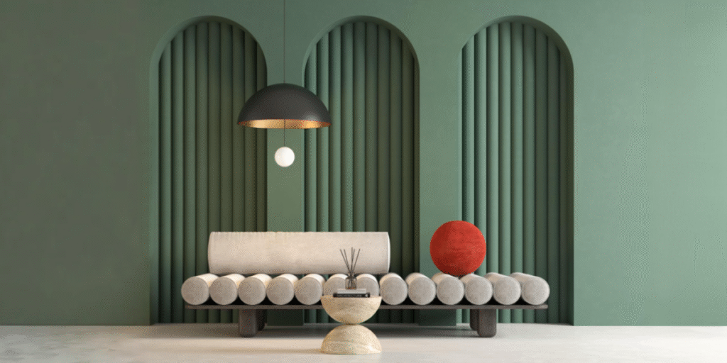 A room with light green walls and arches, a bench with rounded segments, a hanging black lamp, and a red spherical object on the floor.