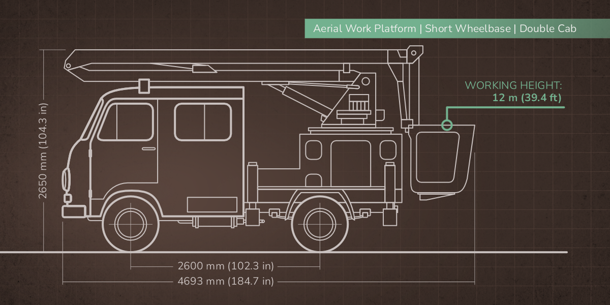 A technical drawing blueprint of a Tamič specialized vehicle with an aerial work platform. The drawing indicates a working height of 12 m (39.4 ft) and the name "Aerial Work Platform | Short Wheelbase | Double Cab".