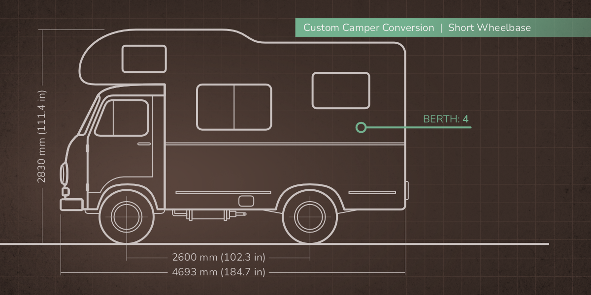 A technical drawing blueprint of a Tamič camper conversion. The drawing specifies a sleeping capacity of 4 and the name "Custom Camper Conversion | Short Wheelbase".