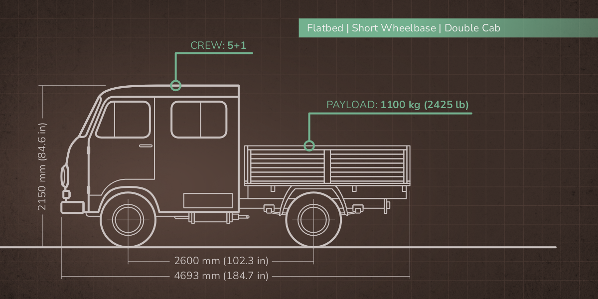 A technical drawing blueprint of the Tamič Flatbed | Short Wheelbase | Double Cab model. The drawing specifies a crew capacity of 5+1 and a payload of 1,100 kg (2,425 lb). The wheelbase is 2,600 mm (102.3 in).