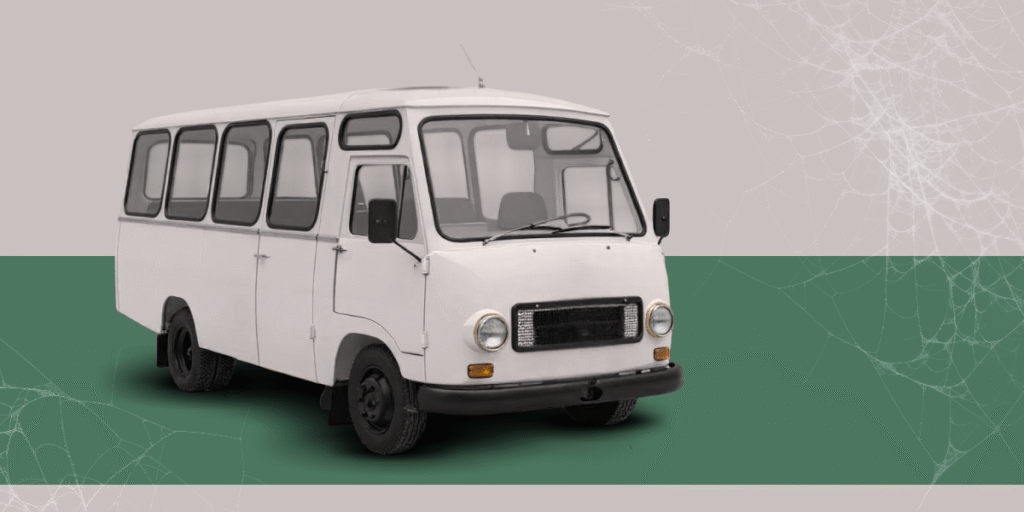 A creamy white TAM 75 minibus with a retro design, representing the Tamič Yugoslav Icon, set against a two-toned background.
