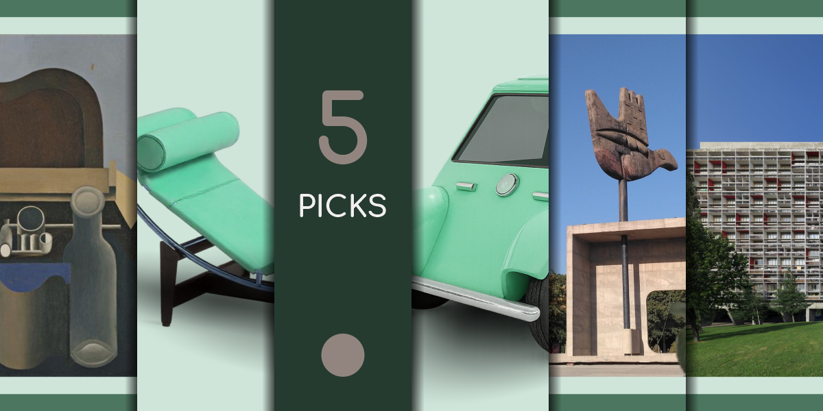 Collage cover showing five timeless Le Corbusier designs: a painting, LC4 chaise longue, Voiture Minimum car, Open Hand Monument, and Unité d’Habitation.