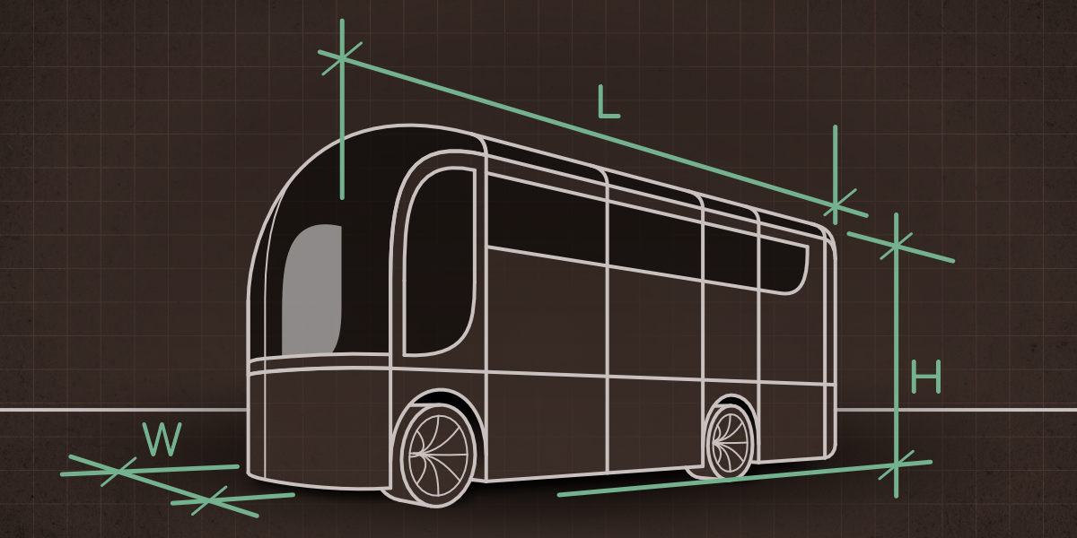 Line drawing of a modular vehicle on a grid background, showing dimensions for width, height and length, symbolizing the design canvas defined by vehicle size regulations.