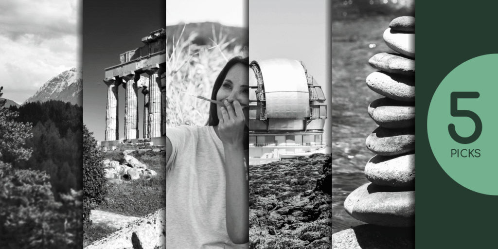 Collage-style cover image for 5 Human Responsibilities, combining a mountain landscape for Earth, an ancient temple for the past, two people smiling for the present, an observatory dome for the future, and stacked stones for creativity.