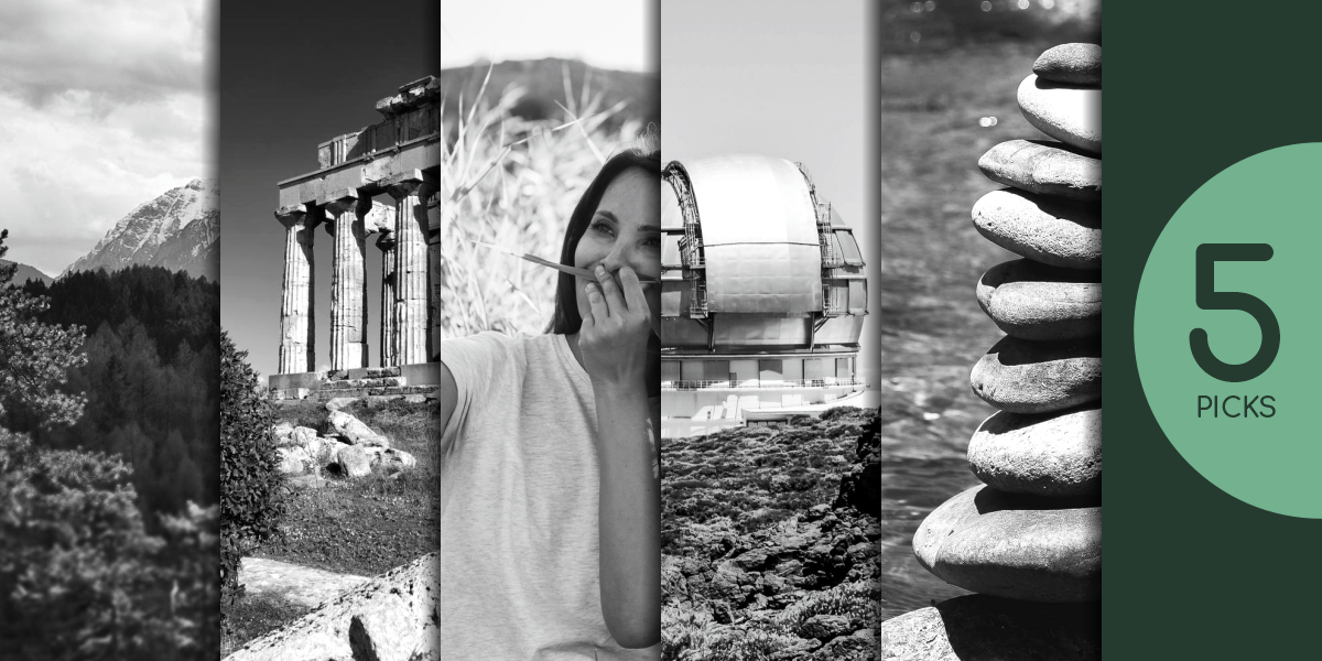 Collage-style cover image for 5 Human Responsibilities, combining a mountain landscape for Earth, an ancient temple for the past, two people smiling for the present, an observatory dome for the future, and stacked stones for creativity.