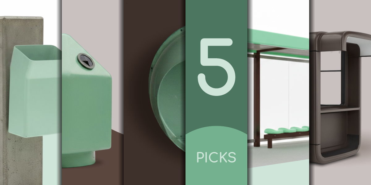 Collage of Saša Mächtig modular designs showing the Frog trash bin, EKOS container, telephone booth, Euromodul bus station and K67 kiosk with number 5 in the center.