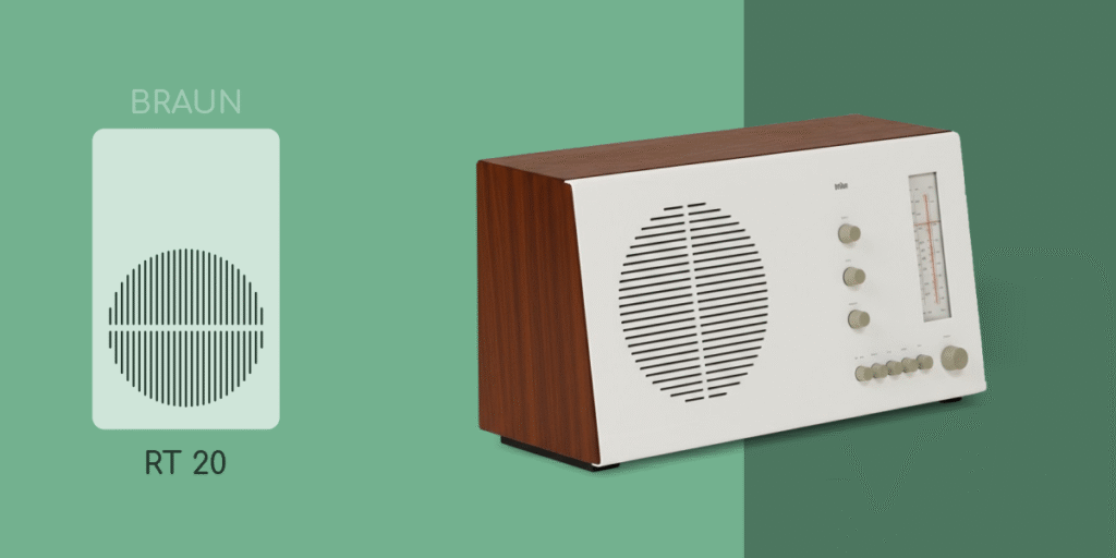 Braun RT20 tabletop radio with wood casing, white front panel, vertical tuning scale, and circular speaker grille.