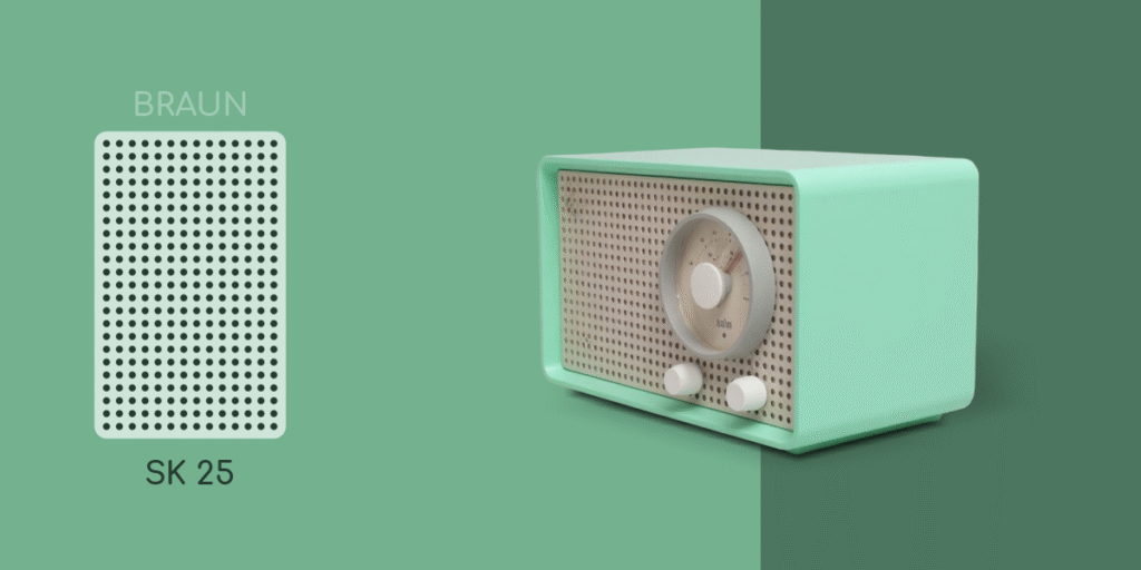 Braun SK25 table radio in white, featuring grid speaker perforations and minimalist tuning controls.