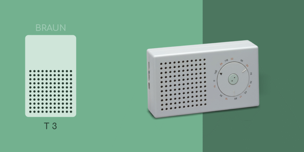 Braun T3 pocket radio in white, with rectangular speaker grid and circular tuning dial designed by Dieter Rams.