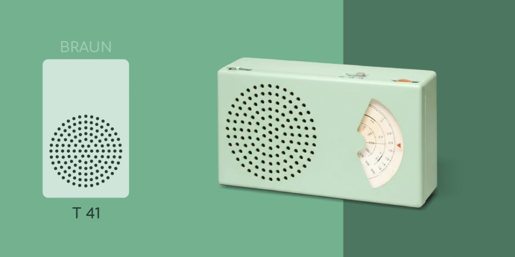 Braun T41 portable radio in mint green with circular perforated speaker grille and curved tuning dial.