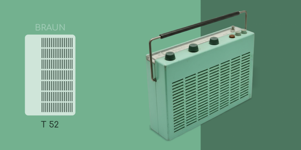 Braun T52 portable radio with mint green body, carry handle, and horizontal grille design.