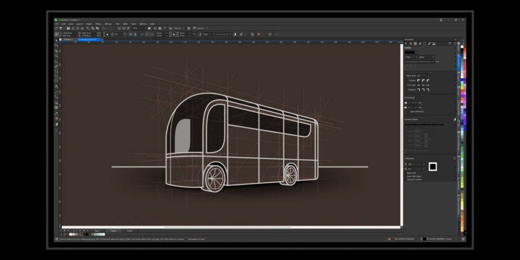 Screenshot of CorelDRAW with a vehicle sketch using vector lines and graphic tools.