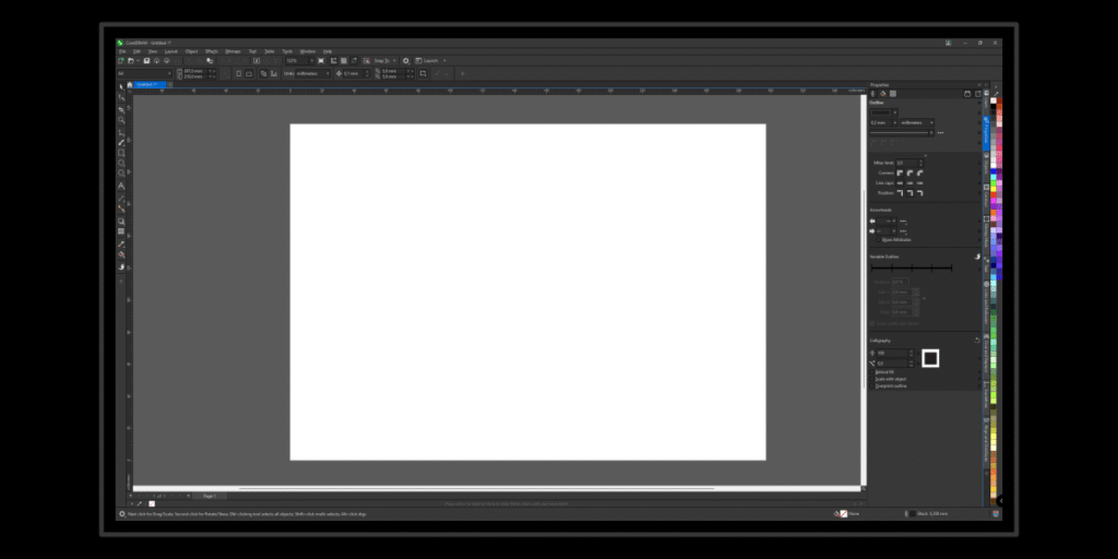 Screenshot of CorelDRAW design software showing blank canvas and interface toolbars.