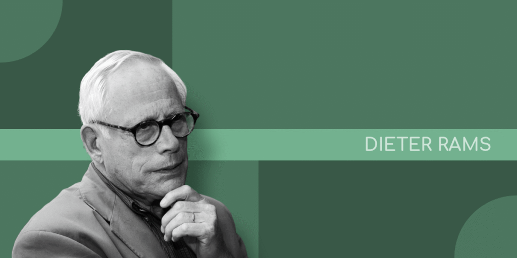 Black-and-white portrait of Dieter Rams against a green minimalist background.