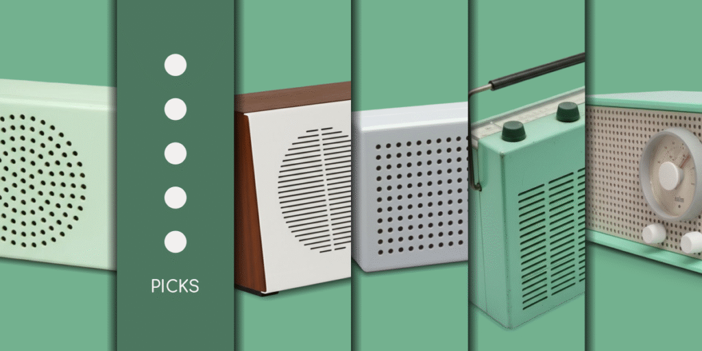Collage of five Braun radios designed by Dieter Rams, showing speaker grilles, tuning dials, and mint green minimalist styling.