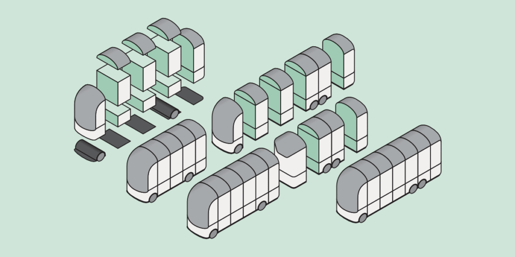 Isometric illustration showing modular Domovago vehicle concepts, with individual segments arranged into different possible configurations.