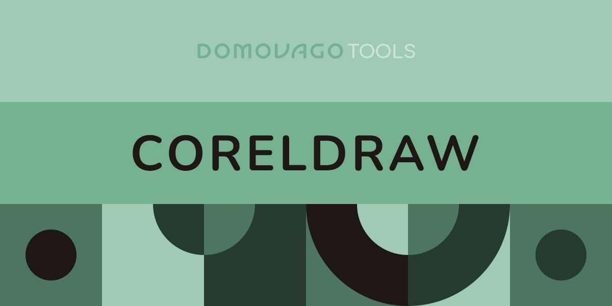 Graphic cover with Domovago Tools CorelDRAW title in mint and green abstract design.