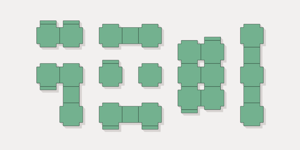Graphic diagram of K67 kiosk modules in various configurations, illustrating its modular system.