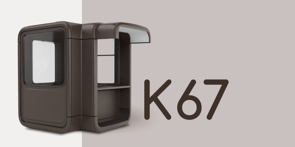 Render of a single K67 kiosk unit with large window and counter, highlighting its modular fiberglass structure.