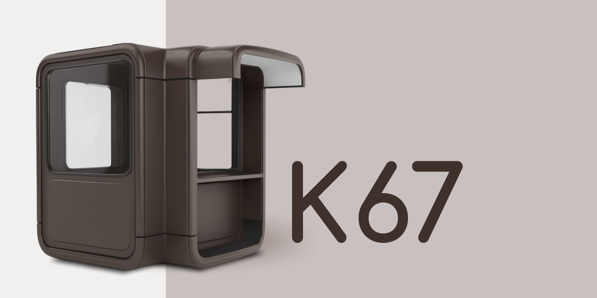 Render of a single K67 kiosk unit with large window and counter, highlighting its modular fiberglass structure.