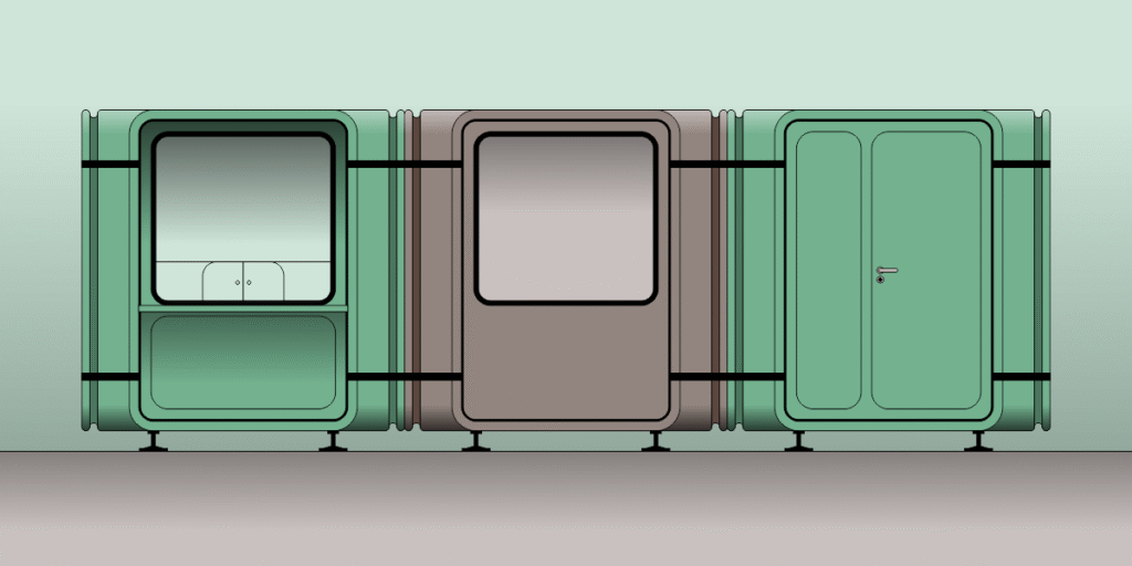Render of several K67 kiosk modules in green and brown, connected to form a larger combined unit.