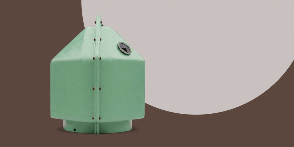 Saša Mächtig’s EKOS recycling container made from modular fiberglass segments with circular openings on top.