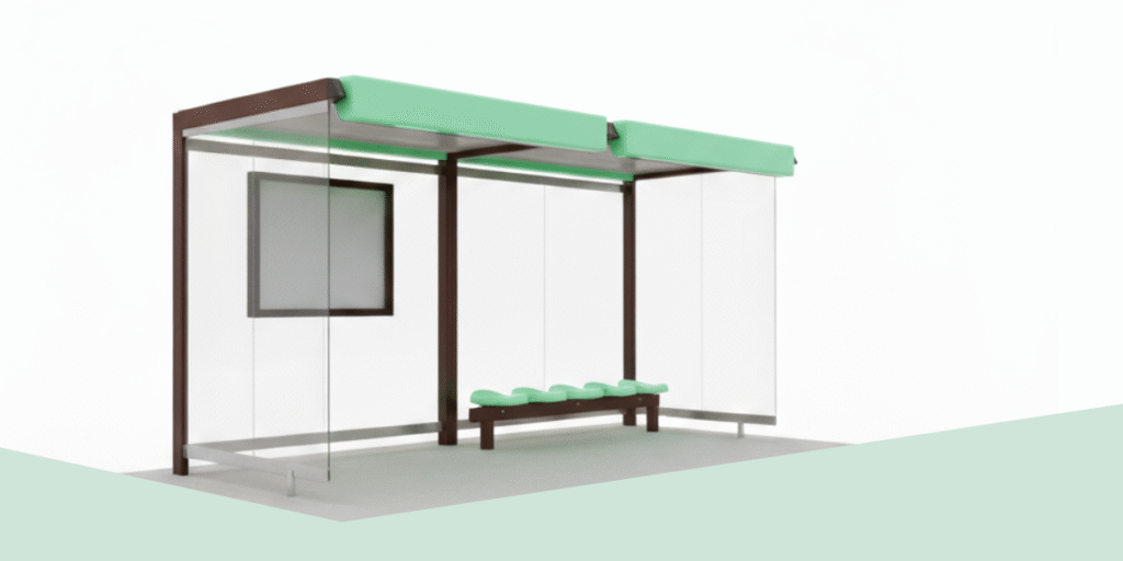 Euromodul bus station by Saša Mächtig with flat canopy, glass walls and modular bench under a green roof.