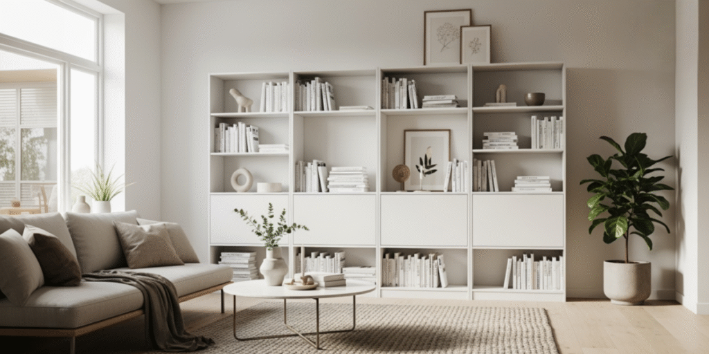 Minimalist living room with IKEA modular shelving filled with books, sofa and plants in bright natural light.