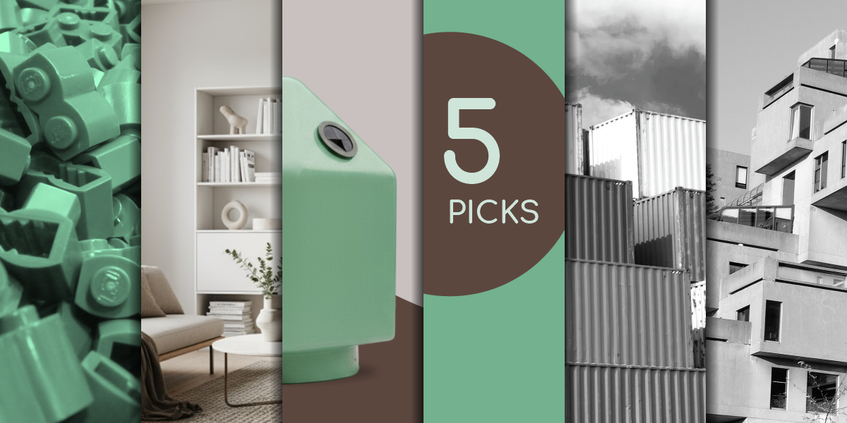 Collage of modular design icons showing LEGO bricks, IKEA shelving, Saša Mächtig’s bin, ISO containers and Habitat 67 with “5 Picks” in the center.